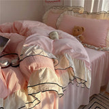 Qfdian  3/4Pcs Korean Princess Style Ruffles Bedding Set Skin-friendly Soft Duvet Cover Set Bed Sheet Or Bed Skirt Pillowcases