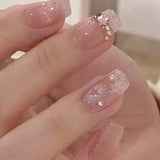 Qfdian 24Pcs Nude Pink Nail Tips Short Round Head False Nails with Design Wearable Finished Fake Nails Full Cover Press on Nails