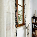 Qfdian  Cream Style Velvet Pole Twig Pattern with Black Ruffled Lace Trim Unique Design Opaque Tulle Curtains For Bedroom Living Room