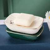 Qfdian  Nordic ceramic double-layer drain soap box home hotel bathroom accessories storage decorative supplies green white soap dish 1Pc
