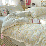 Qfdian  Floral Bedding Set Korean Style Duvet Cover Set Bed Linen Set Flat Sheets Set 2 Pillowcases Single Double Queen Size For Student