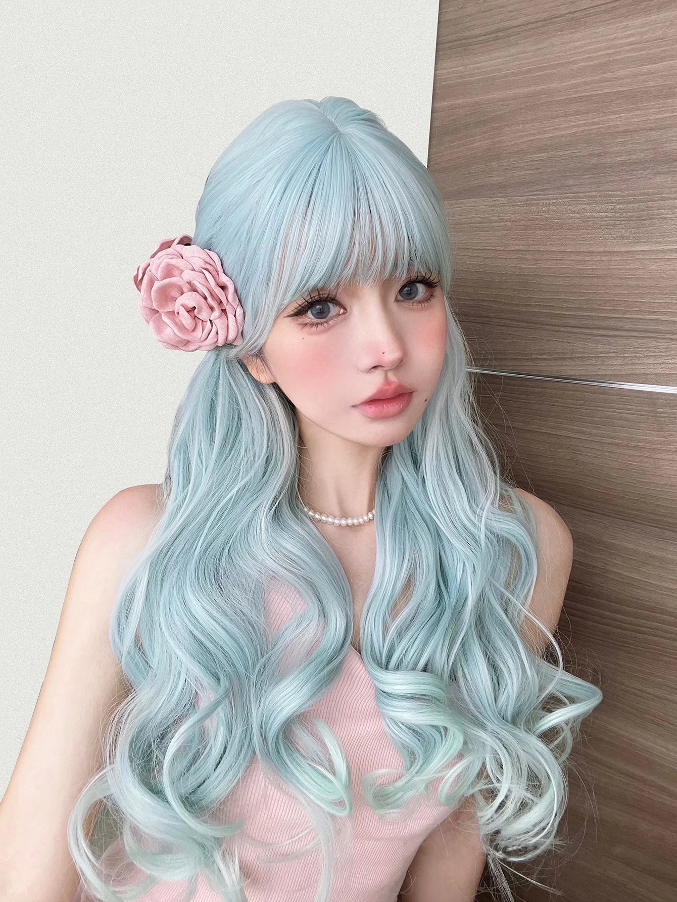 Qfdian 24Inch Sky Blue Refreshing Lolita Synthetic Wigs With Bang Long Natural Wavy Hair Wig For Women Daily Cosplay Heat Resistant