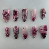 Qfdian  24pcs Gold Pink Flower Press On Nails Glossy Almond Autumn Wearable Fake Nails With Pearl Gold Ball Decor Ballet False Nail Tips