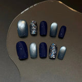Qfdian  10Pcs Fake Nails Blue Cat-Eye Glitter Short-Length Press-On Nails for Fall/Winter Perfect Gift for Women and Friends