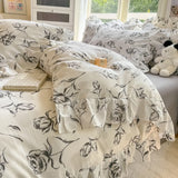 Qfdian  INS Floral Style Bedding Sets Ruffle Lace Bow Quilt Cover Romantic Bedclothes Decor Woman Girls Bedroom Duvet Cover 4pcs