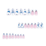 Qfdian  24pcs Simple Blue Bowknots Press On Nails Glossy White Edge French Style Flower Brid Pattern Spring False Nails Almond Fake Nail