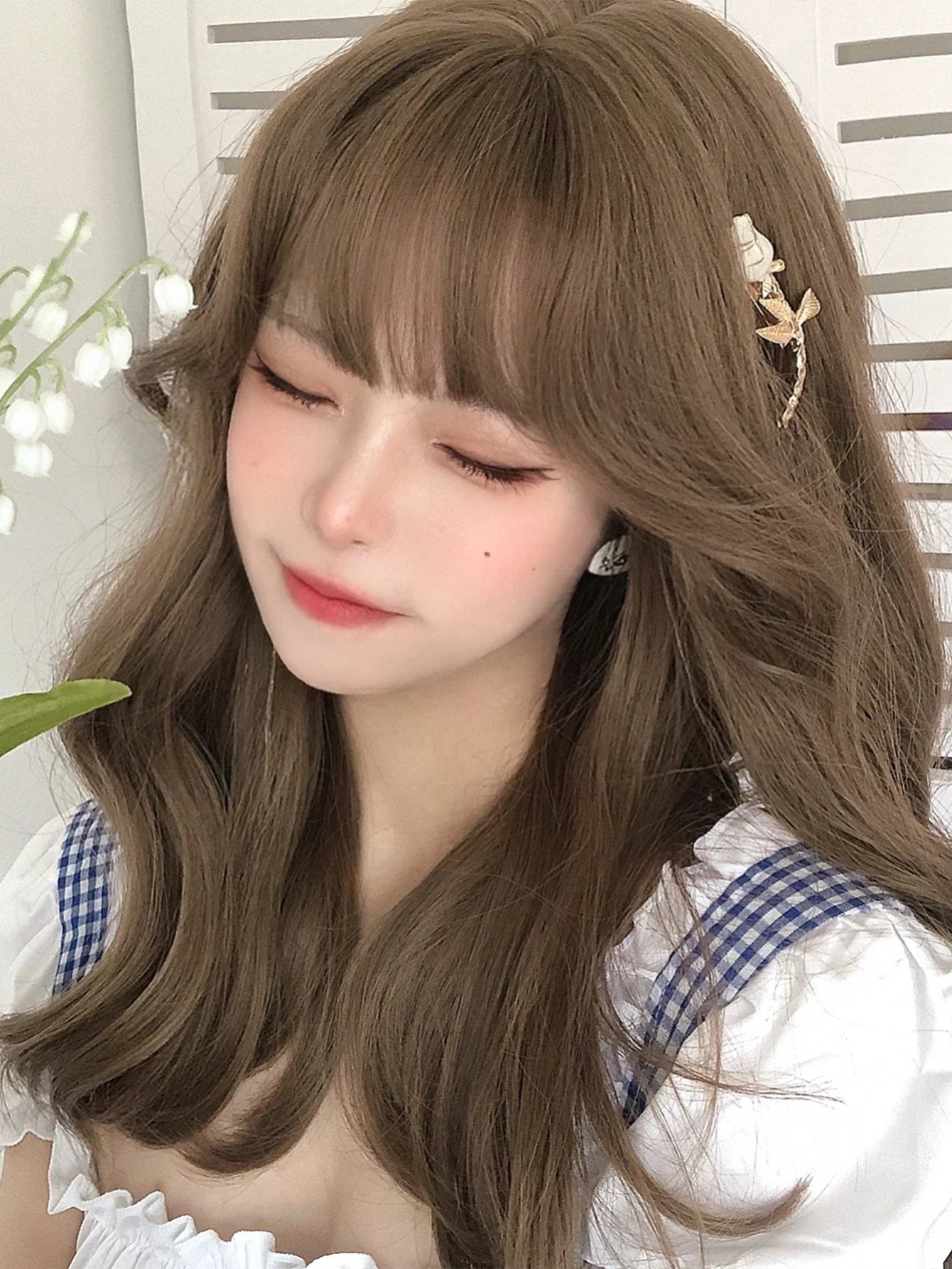 Qfdian 20Inch Honey Brown Lolita Synthetic Wigs with Bangs Long Natural Wavy Hair Wig for Women Daily Use Cosplay Drag Heat Resistant