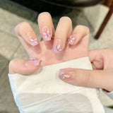 Qfdian 10Pcs Pink Sweet Handmade Press on Nails Full Cover Short French Butterfly Ballerina Cat Eye False Nails Wearable False Nail Tip