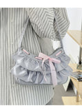 Qfdian Women All Match Fashion Office Lady Handbags Fairy Ruffled Bow Y2k Aesthetic Shoulder Bags Causal Vintage Elegant Underarm Bag