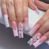 Qfdian  24Pcs Long Coffin False Nails Pink French Flowers Design Fake Nail with Butterfly Rhinestone Wearable Ballet Press on Nails