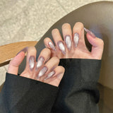 Qfdian 10pcs Handmade Press on Nails Purple Cat Eye Fake Nails for Girls Women Wearable Detchable Sweet Flower Almond False Nails