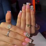 Qfdian 24Pcs Pure White French Press on Nails Long Square Head False Nails with Pearl Pink Bow Design Ballet Wearable Fake Nails