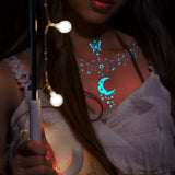 Qfdian  4pcs Glow-in-the-Dark Temporary Tattoos for Women Blue Crescent Moon Stars Lace Butterfly Planet for Neck Clavicle Body Art