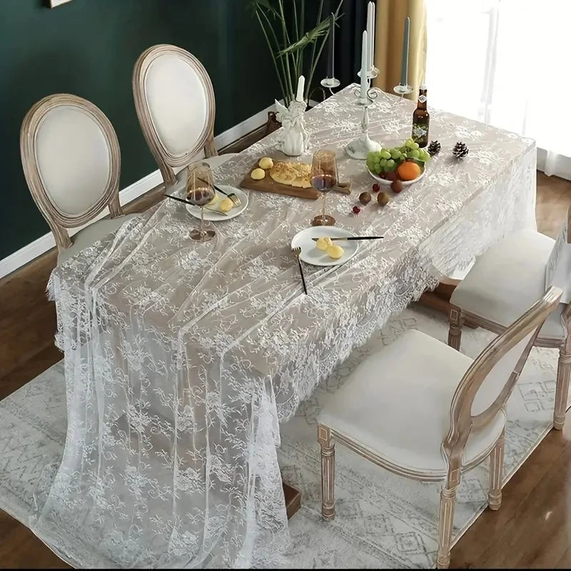 New Lace Table Cloth Retro Mesh Tablecloth White Rectangle Table Cover Wedding Party Decor Picnic Cloth Background Cloth