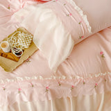 Qfdian  Korean Princess Style Lace Ruffles Rose Embroidery Wedding Bedding Set Duvet Cover Set Flat/Fitted Bed Sheet Pillowcases 4Pcs