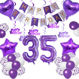 Qfdian  Purple White Foil Birthday Number Decorations Happy Birthday Banner Purple Happy Birthday Swirls Foil Heart Star Latex Balloons
