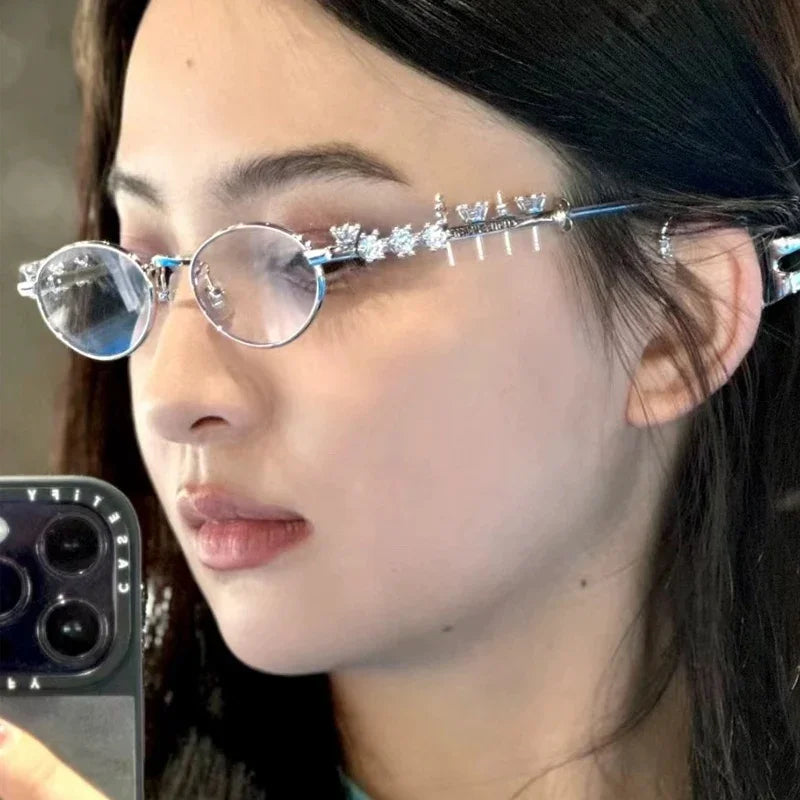 New Fashion Rhinestone Diamonds Sunglasses Bling Shades Small Metal Oval Women Men Anti Blue Light Reading Glasses Accessorties