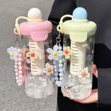 Qfdian  Cute Bow Flower Tea Glasses With Straw Bottle Cold Coffee Cups Women Glass Tumbler Juice Milk Tea Water Separation Drinkware Cup