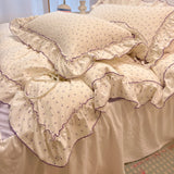 Qfdian 2/3Pc Korean Princess Style Floral Ruffles Bedding Set Single Queen Size Soft Skin-friendly Washed Cotton Duvet Cover Pillowcase