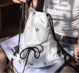 Qfdian Y2k Aesthetic Pleated Drawstring Casual Backpack All Match Sweet Bow Print Students Schoolbags Preppy Women Vintage Backpacks