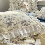 Qfdian Princess Style Lace Ruffles 100% Cotton Bedding Set Floral Pastoral Style Duvet Cover Flat/Fitted Bed Sheet Pillowcases 3/4Pcs