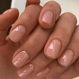 Qfdian 24Pcs Gradient White Fake Nail Short Square Ballet Simple False Nails Press on Wearable Nude Nails Art Full Cover Manicure Tips