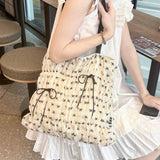 Qfdian Korean Sweet Y2k Aesthetic Chic Bow Print Underarm Bag Women Fashion Fairy Pleated Handbags Casual All Match Cute Shoulder Bags