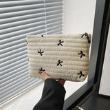 Qfdian Cute Makeup Bag with Zipper Large Capacity Cosmetic Bag Embroidery Bow Wash Storage Bag