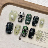Qfdian  Gothic Starry Press On Nails With Metal Stars Rhinestones 3D Accessories Multiple Sizes Dark Green Translucent Metal Star Design