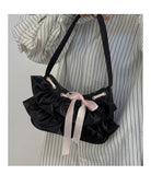 Qfdian Women All Match Fashion Office Lady Handbags Fairy Ruffled Bow Y2k Aesthetic Shoulder Bags Causal Vintage Elegant Underarm Bag