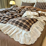 Qfdian  ‌Korean-Style Red Plaid Washed Bedding Set - Vintage Lace Trim 4-Piece/3-Piece Dorm Sheet & Duvet Cover Set