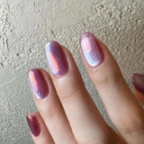 Qfdian  24pcs Cat Eye Chrome Press on Nails Short Almond Acrylic Fake Nails with Colorful Design Full Cover Aurora Glitter False Nails