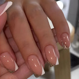 Qfdian 24Pcs Simple Fake Nail with Broken Diamond Short Square Press on False Nails Gradient White Wearable Ballet Full Cover Nail Tip