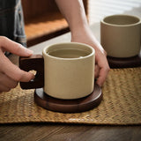 Qfdian Vintage Ceramic Wooden Handle Coffee Cup with Tray Antique 300ml Tea Cup Home Office Mug Birthday Gift Breakfast Mug Home Decor