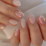 Qfdian 24Pcs Simple False Nails with Glue Short Almond Fake Nails Glitter Aurora Round Head Full Cover Nail Tips Oval Press on Nails