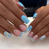 Qfdian 24Pcs Shiny Pearl Wearable False Nails Short Square Fake Nail Simple Summer Press on Nails Detachable Full Cover Nail Tips
