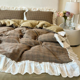 Qfdian  Plaid Bedding Set Vintage Lace Ruffles Duvet Cover Set Flat Sheets Set 2 Pillowcases Single Twin Full Queen Size Bed Set 3/4Pcs