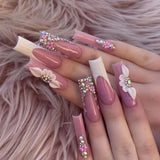 Qfdian  24Pcs Long Coffin False Nails Pink French Flowers Design Fake Nail with Butterfly Rhinestone Wearable Ballet Press on Nails