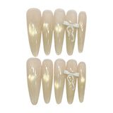 Qfdian  10pcs Handmade Long Almond Press on Nails Gradient French Cat Eye False Nails Pink Flower Design Fake Nails for Women Wearable
