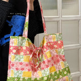 Qfdian  Vintage Grunge Patchwork Harajuku Women's Handbags Women Preppy All Match Y2k Bow Shoulder Bags Streetwear Trendy Underarm Bag