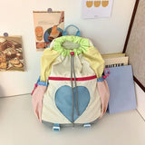 Qfdian Backpack for  Color-Block Bookbag Nylon Drawstring Daypack Adjustable Strap Rucksack for Travel School