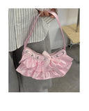 Qfdian Women All Match Fashion Office Lady Handbags Fairy Ruffled Bow Y2k Aesthetic Shoulder Bags Causal Vintage Elegant Underarm Bag