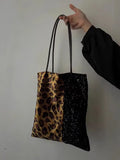 Qfdian Vintage Leopard Patchwork Sequined Shoulder Handbags Women Grunge Harajuku Tote Bags Streetwear Y2k Aesthetic Femme Underarm Bag