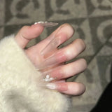 Qfdian  10pcs Dreamy French Fake Nails Pink Noble False Nails Cute Bowknot Press on Nail Shiny Diamond Pearl Nails Press Ons Long Almond