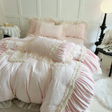 Qfdian  Pink Princess Style Pleated Lace Ruffles Carved Velvet Warm Soft Bedding Set Duvet Cover Flat/Fitted Bed Sheet Pillowcases 4Pcs
