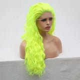 Qfdian Fluorescent Neon Green Wig Water Wave Synthetic Lace Front Wig Glueless Colored Long Curly Hair Lace Frontal Wigs for Women