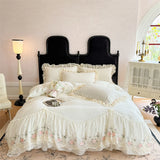 Qfdian  4Pcs Korean Style Lace Flowers Embroidery Princess Wedding Bedding Set Duvet Cover Bed Sheet/Fitted Sheet/Bed Skirt Pillowcases
