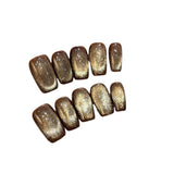 Qfdian 10Pcs Glitter Cat Eye Handmade Press On Nails False Nail Full Cover Detachable French Ballerina Wearable Artificial Nail Tip