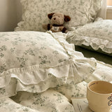 Qfdian Princess Style Lace Ruffles 100% Cotton Bedding Set Floral Pastoral Style Duvet Cover Flat/Fitted Bed Sheet Pillowcases 3/4Pcs