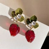 Qfdian Delicate Red Strawberry Flower Drop Earrings for Women 3D Simulated Fruit Green Leaves Earrings Girls Jewelry Accessories